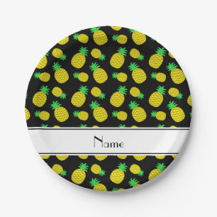 Personalised name black yellow pineapples paper plate
