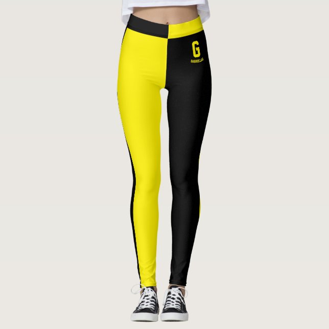 Personalised Name Black Yellow Stripes Monogram Leggings (Front)
