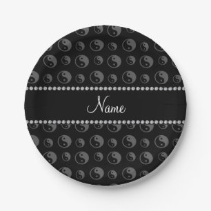Personalised name black ying yang pattern paper plate