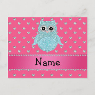 Personalised name bling owl diamonds pink hearts postcard