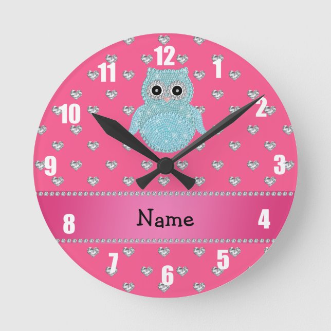 Personalised name bling owl diamonds pink hearts round clock (Front)