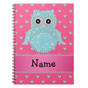 Personalised name bling owl diamonds pink hearts spiral notebook