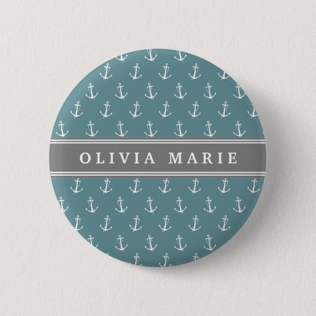 Personalised Name Blue Anchor Pattern 6 Cm Round Badge (Front)