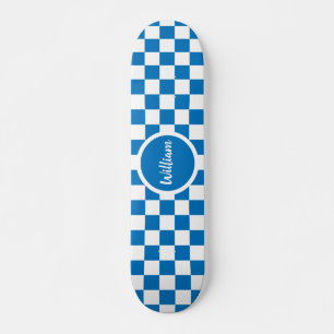 Personalised Name blue and white Chequerboard Skateboard