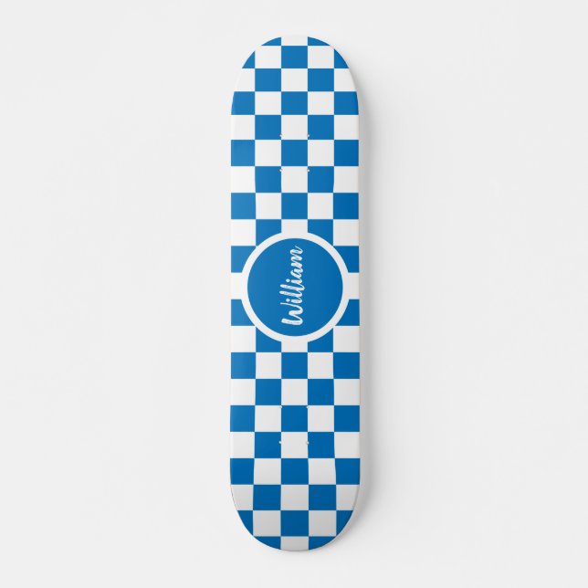 Personalised Name blue and white Chequerboard Skateboard (Front)