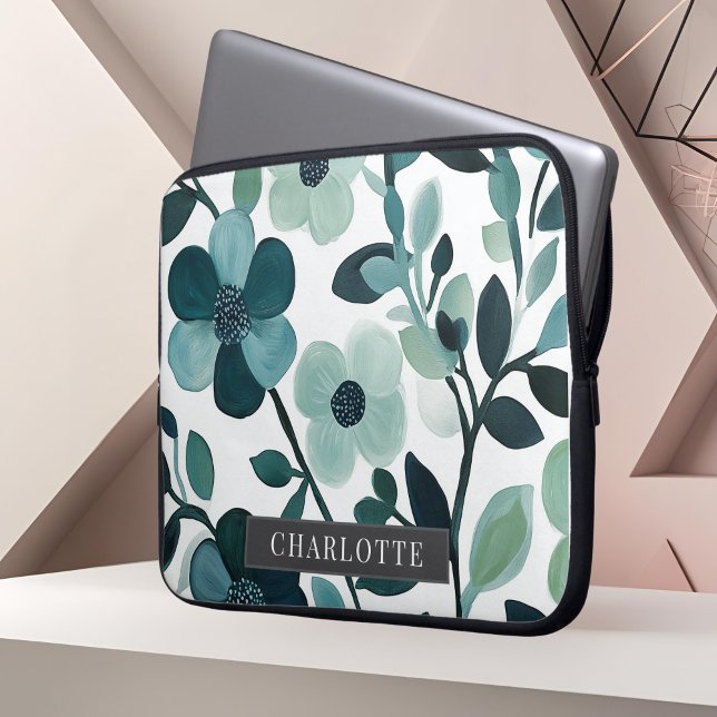 Personalised Name Blue Aqua Floral Vines  Laptop Sleeve (Creator Uploaded)