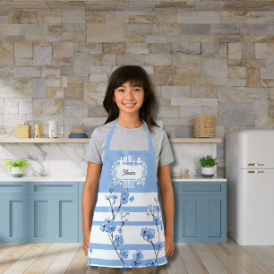 Personalised Name Blue Blossoms Striped Design Apron