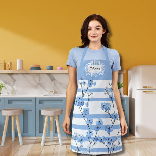 Personalised Name Blue Blossoms Striped Design Apron
