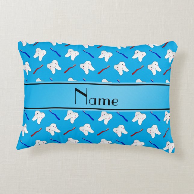 Personalised name blue brushes and tooth pattern decorative cushion (Back)