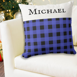 Personalised Name Blue Buffalo Plaid Check Pattern Cushion