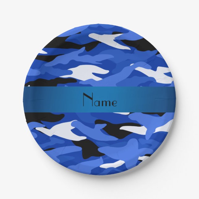Personalised name blue camouflage blue stripe paper plate (Front)