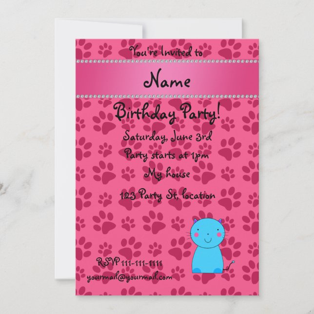 Personalised name blue cat pink paws invitation (Front)