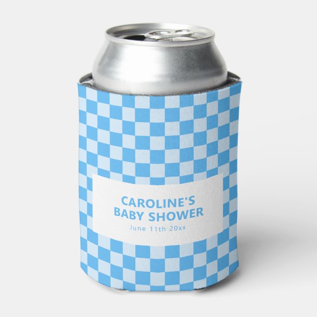 Personalised Name Blue Chequered Retro Baby Shower Can Cooler (Can Front)