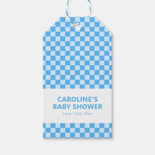 Personalised Name Blue Chequered Retro Baby Shower Gift Tags