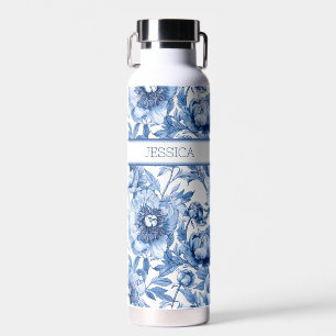 Personalised Name Blue Floral Travel Flower Chic Water Bottle