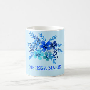 Personalised Name Blue Floral Watercolor Coffee Mug