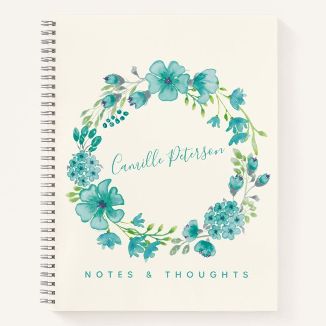 Personalised Name Blue Floral Wreath Stylish Chic Notebook (Front)