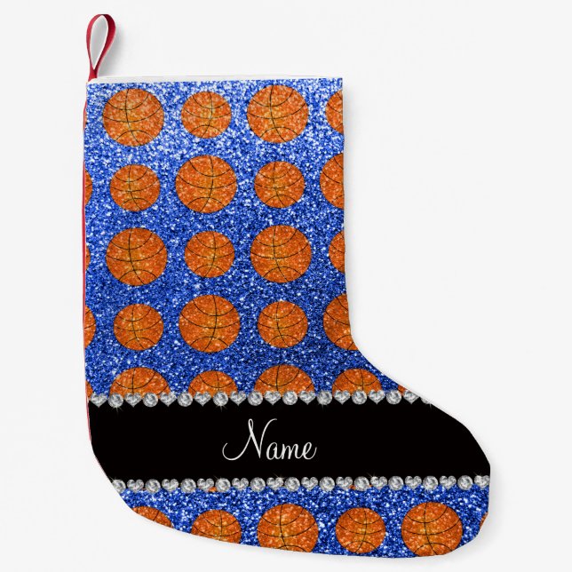 Personalised name blue glitter basketballs small christmas stocking (Front)
