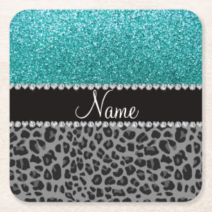 Personalised name blue glitter black leopard square paper coaster
