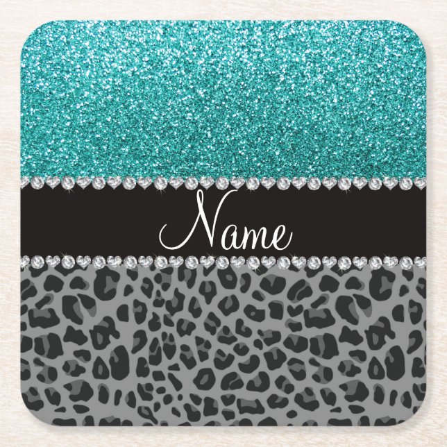 Personalised name blue glitter black leopard square paper coaster (Front)