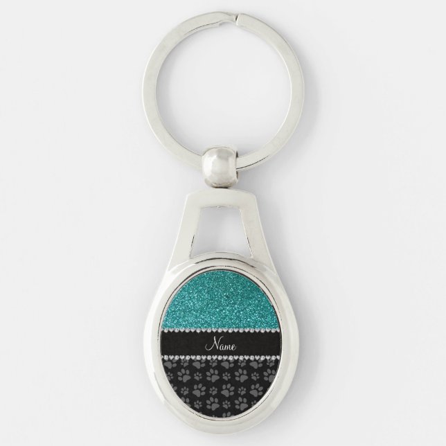 Personalised name blue glitter black paws key ring (Front)