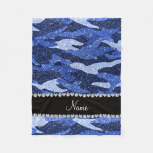 Personalised name blue glitter camouflage fleece blanket
