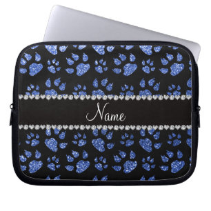 Personalised name blue glitter cat paws laptop sleeve
