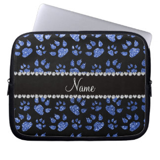 Personalised name blue glitter cat paws laptop sleeve