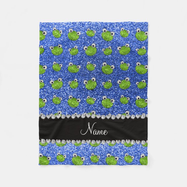 Personalised name blue glitter frogs fleece blanket (Front)