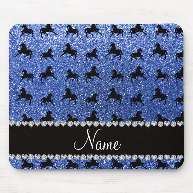 Personalised name blue glitter horses mouse pad (Front)
