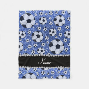 Personalised name blue glitter soccer balls fleece blanket