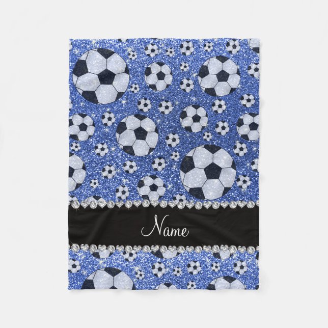Personalised name blue glitter soccer balls fleece blanket (Front)