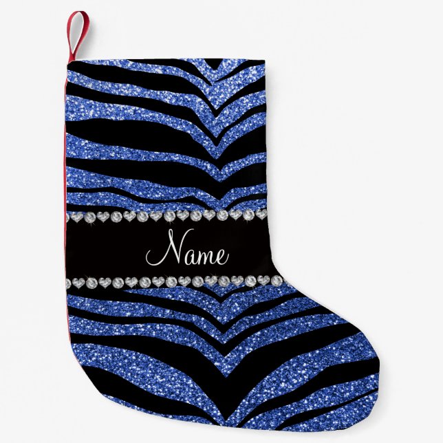 Personalised name blue glitter tiger stripes small christmas stocking (Front)