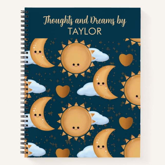 Personalised Name Blue Gold Sun Moon Dream Journal (Front)
