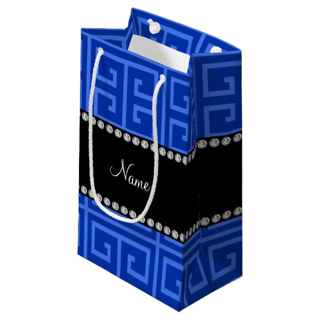 Personalised name blue greek key pattern small gift bag (Front Angled)