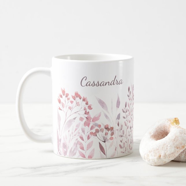 Personalised Name Blue Lavender Botanical Foliage Coffee Mug (With Donut)