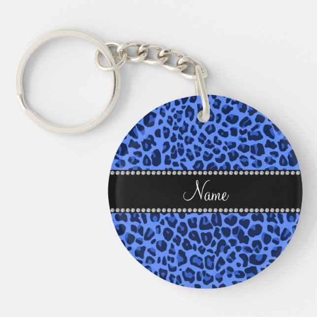 Personalised name blue leopard print key ring (Front)