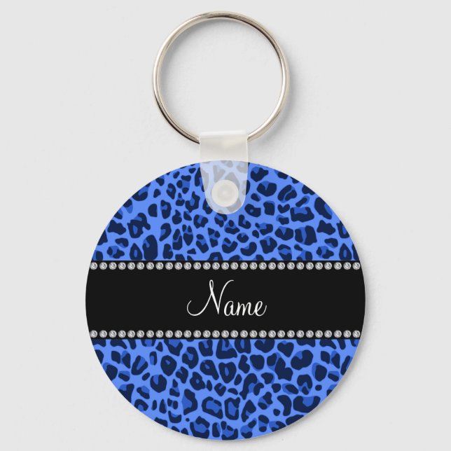 Personalised name blue leopard print key ring (Front)