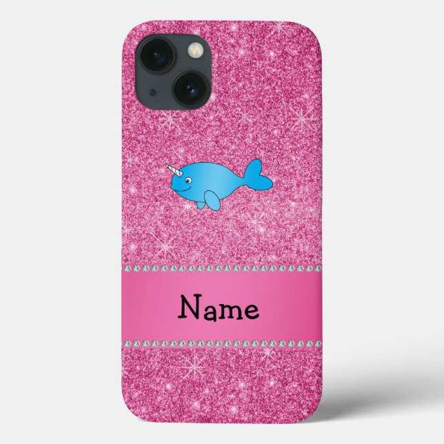 Personalised name blue narwhal pink glitter Case-Mate iPhone case (Back)
