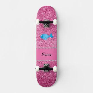 Personalised name blue narwhal pink glitter skateboard