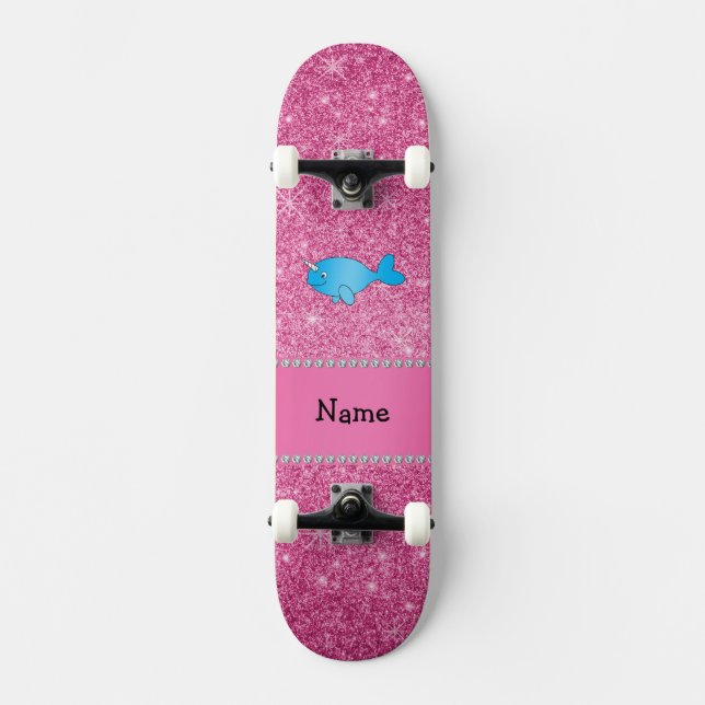 Personalised name blue narwhal pink glitter skateboard (Front)