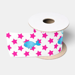 Personalised name blue narwhal pink stars satin ribbon