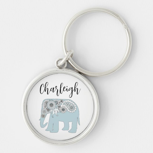 Personalised Name Blue Paisley Elephant Key Ring (Front)