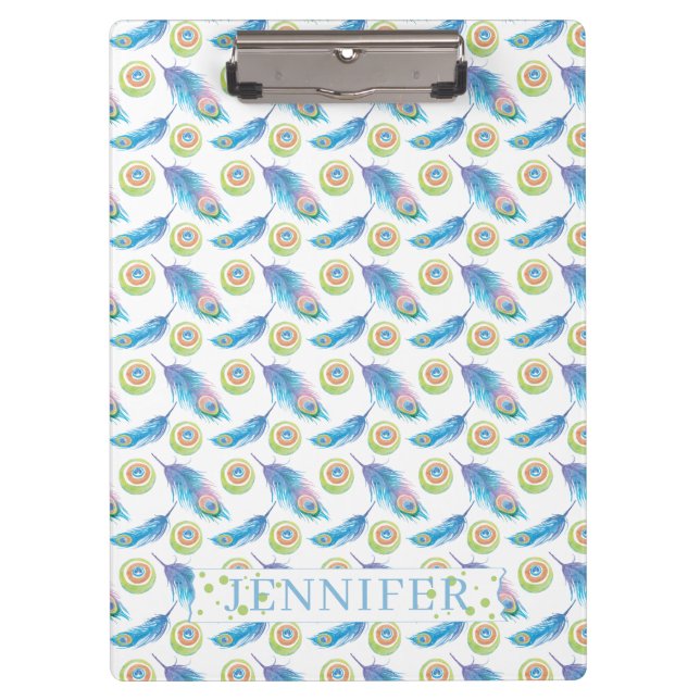 Personalised Name Blue Peacock Feathers Background Clipboard (Front)