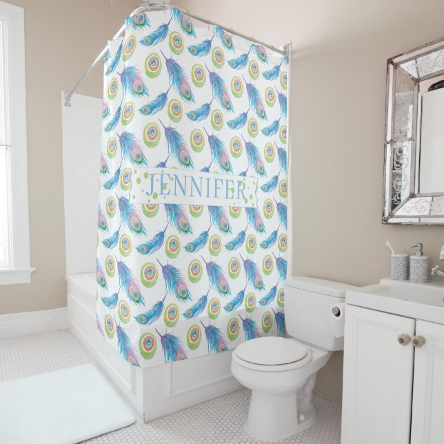 Personalised Name Blue Peacock Feathers Background Shower Curtain (In Situ)