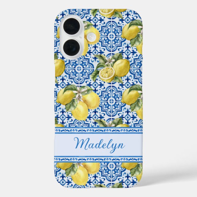 Personalised Name Blue Tile Mediterranean Lemon Case-Mate iPhone Case (Back)
