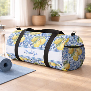 Personalised Name Blue Tile Mediterranean Lemon Duffle Bag