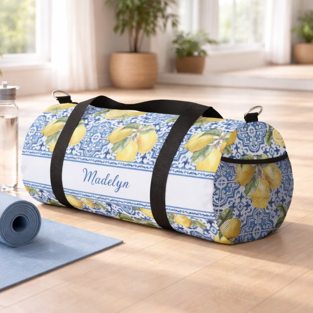 Personalised Name Blue Tile Mediterranean Lemon Duffle Bag (Creator Uploaded)