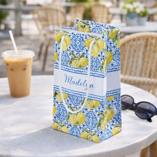 Personalised Name Blue Tile Mediterranean Lemon Small Gift Bag