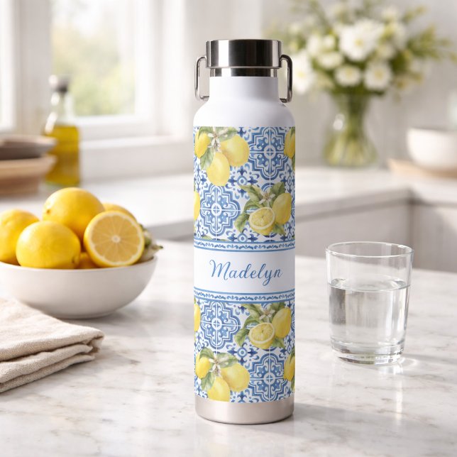 Personalised Name Blue Tile Mediterranean Lemon Water Bottle (Creator Uploaded)